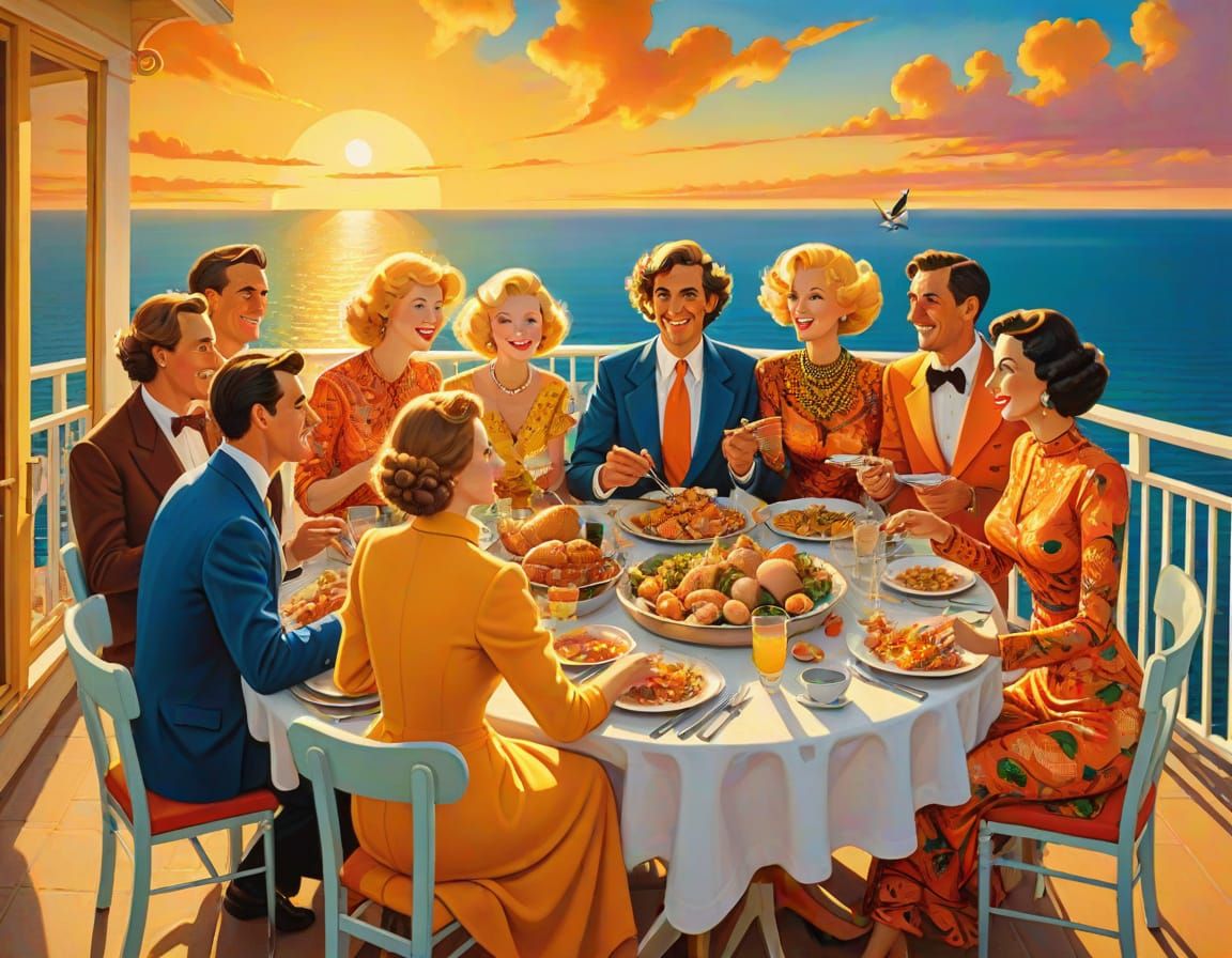 Seaside Dinner Party in Beryl Cook Style