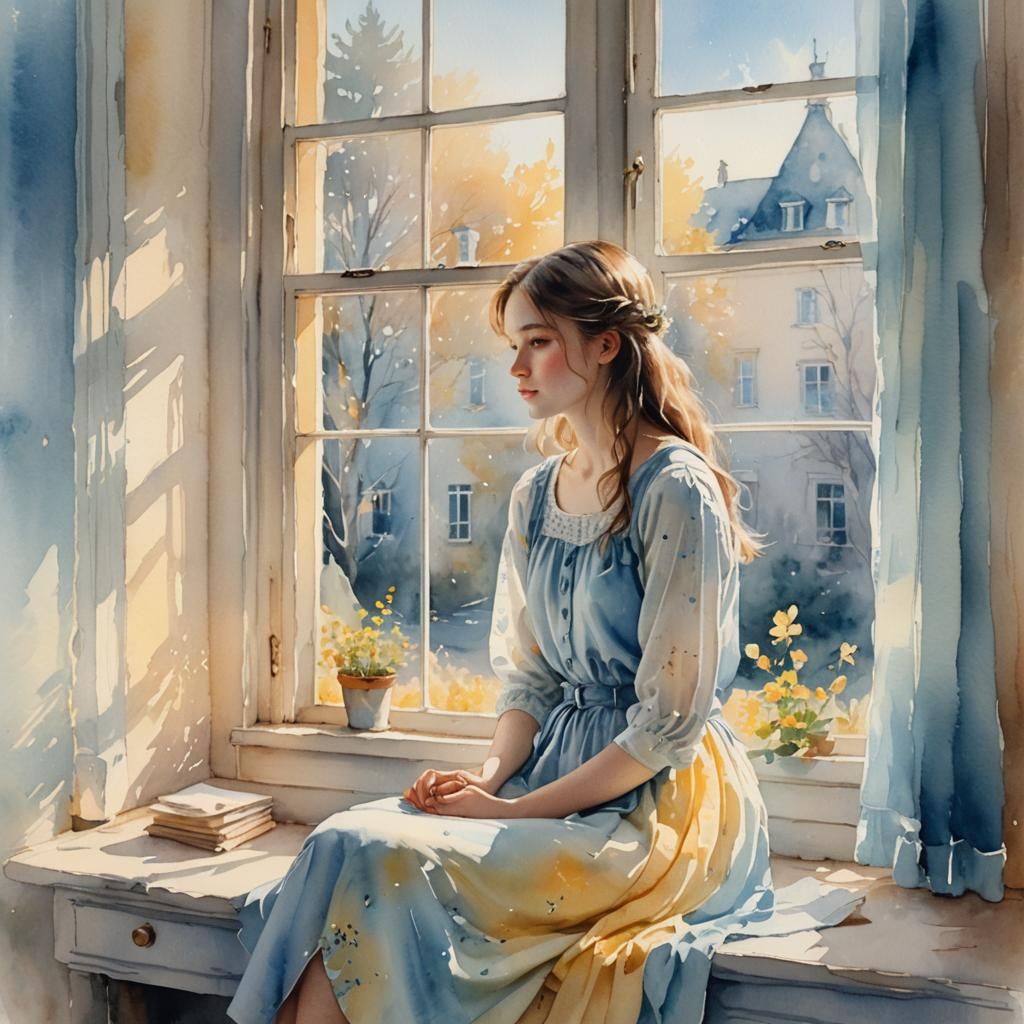 Girl by Window in Whimsical Watercolor Style