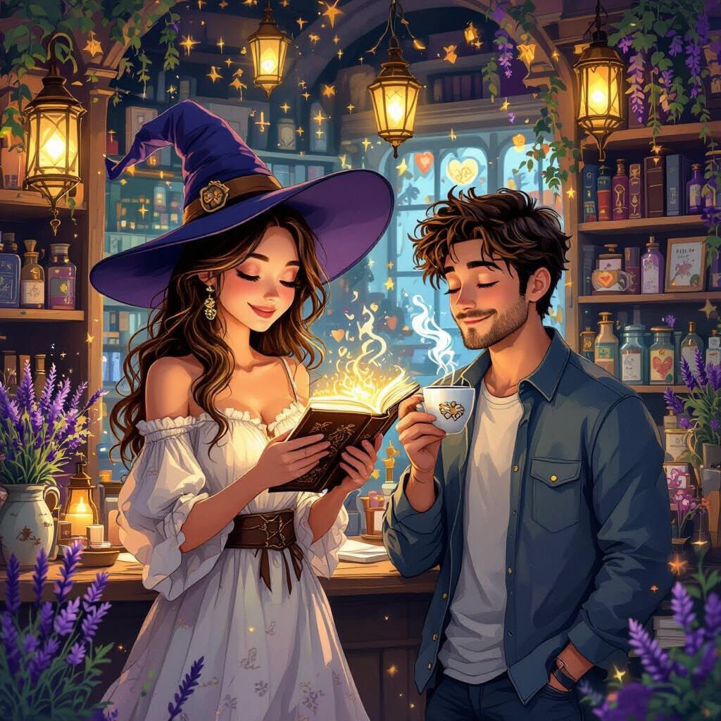 Mystical Bookstore Scene with Witch and Coffee, Fantasy Art
