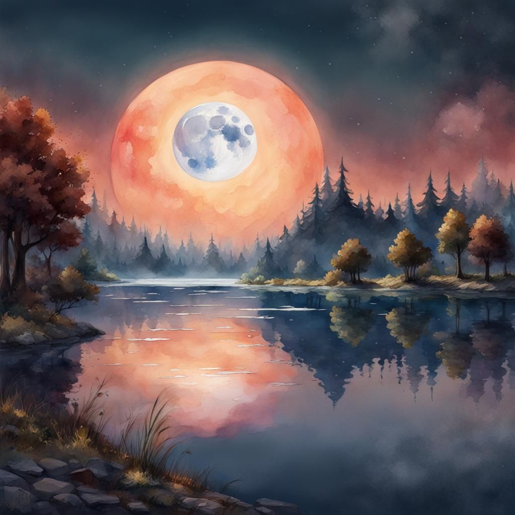 Day Moon Over Lake: Watercolor Art