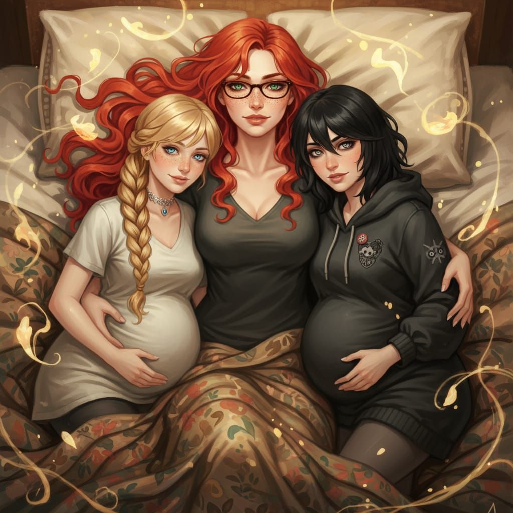 Pregnant Wives in Bed with Red-Haired Woman