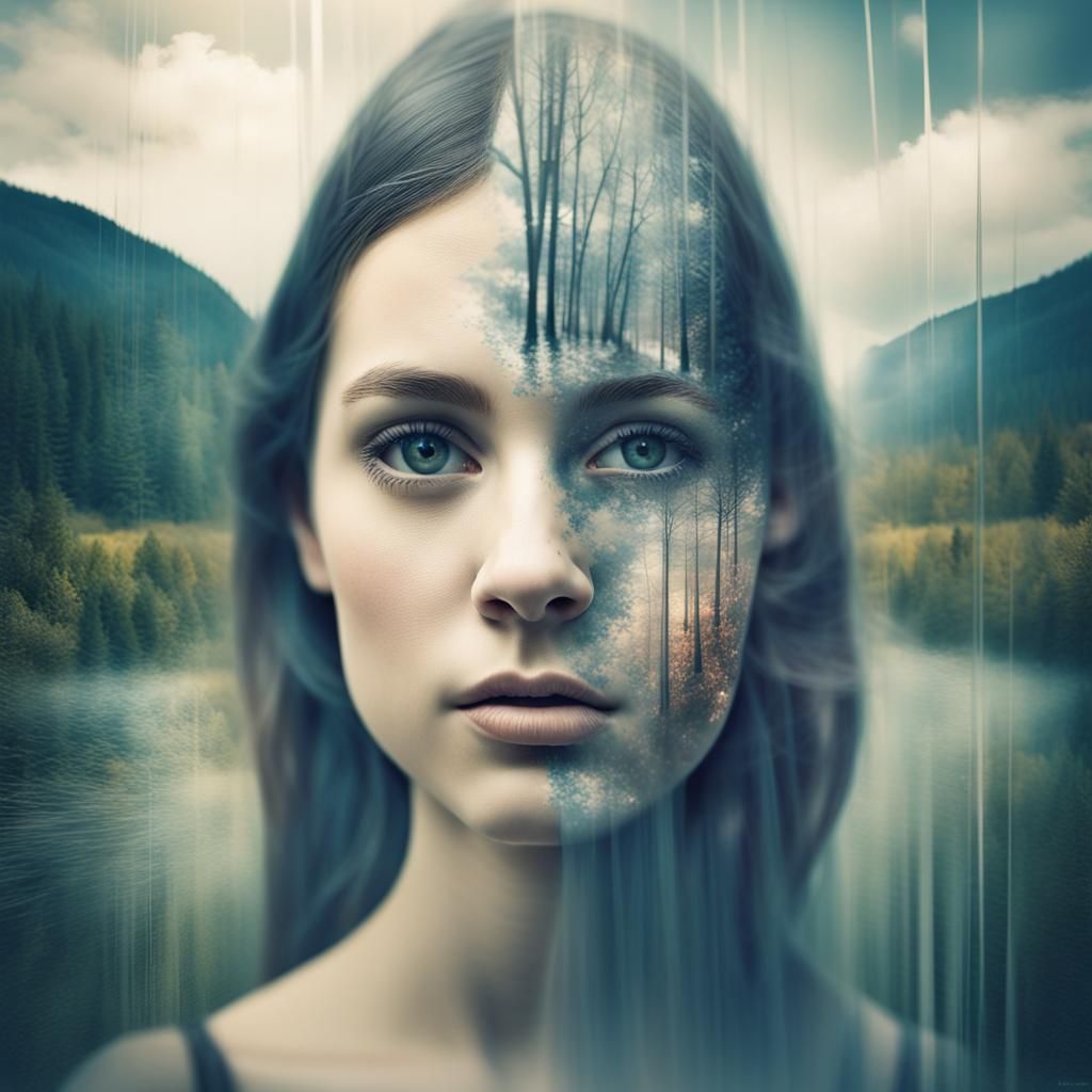 Surreal Double Exposure: Girl, Waterfall, Celtic Pattern