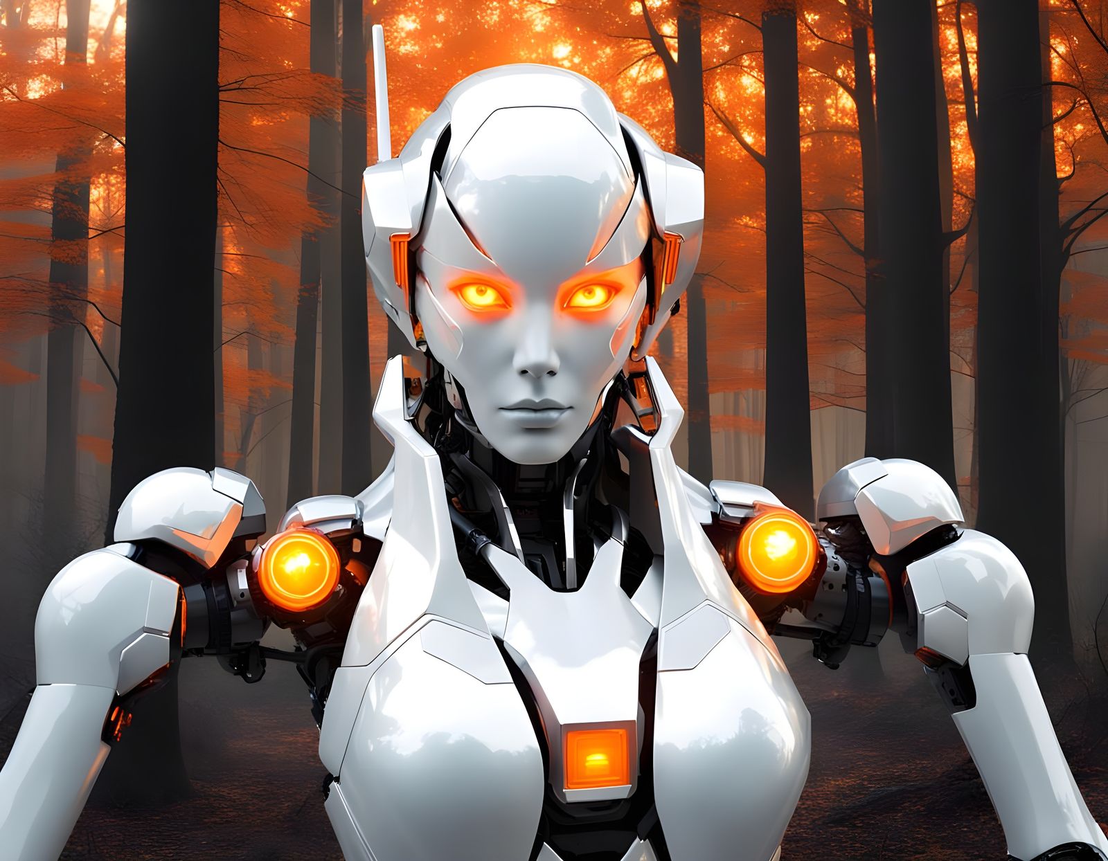 Mecha-Woman with Orange Eyes in Forest Setting