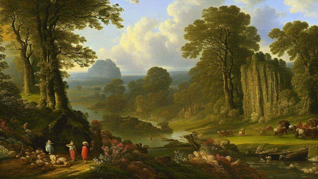 Constable-Style Landscape with Village and Colorful Mushroom...