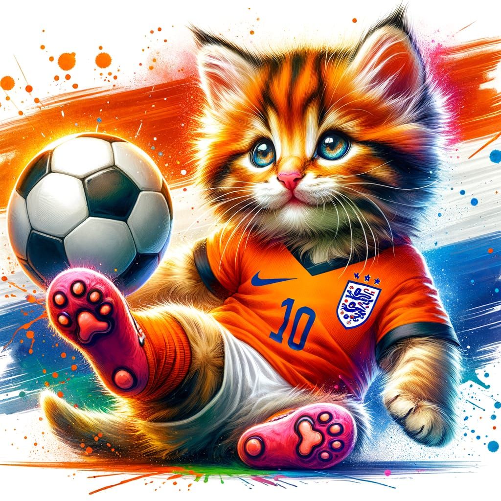 Cheering for the Netherlands. Kitten in a dutch national tea...
