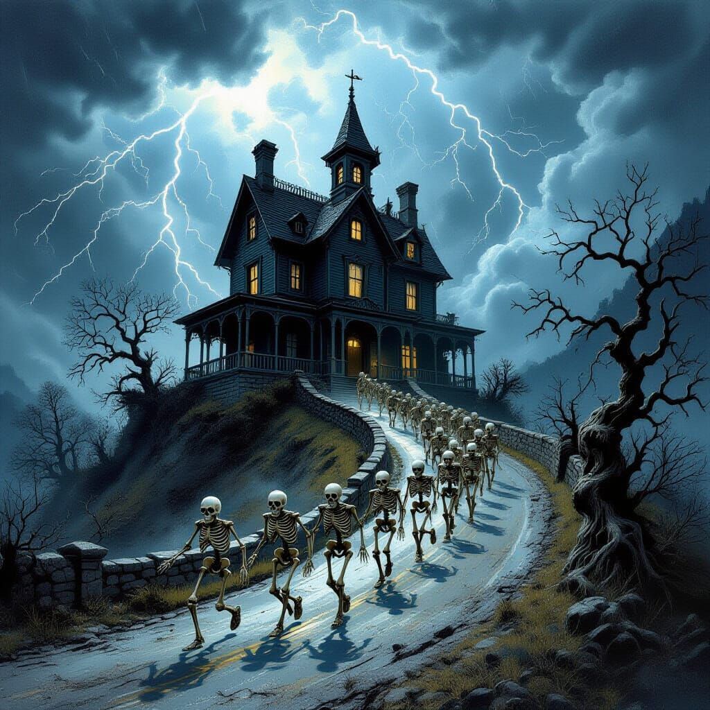 Skeleton Army Marches from Haunted House in Thunderstorm