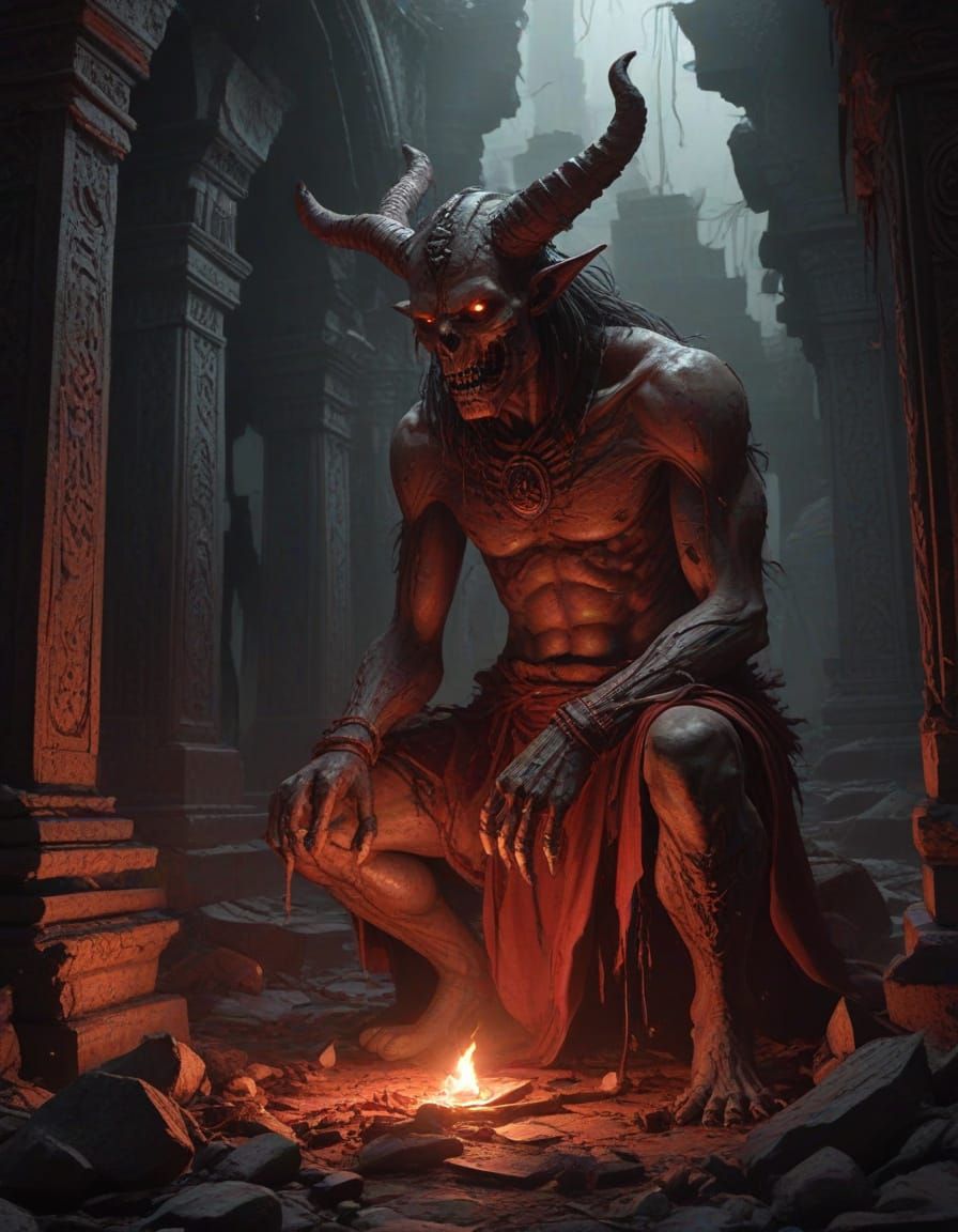 Grotesque Zombie Demon Feeds in Ruined Aztec Temple