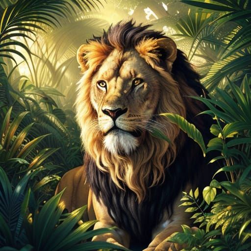 Magnificent Lion with Jungle Interior: Hyper-Realistic Digit...