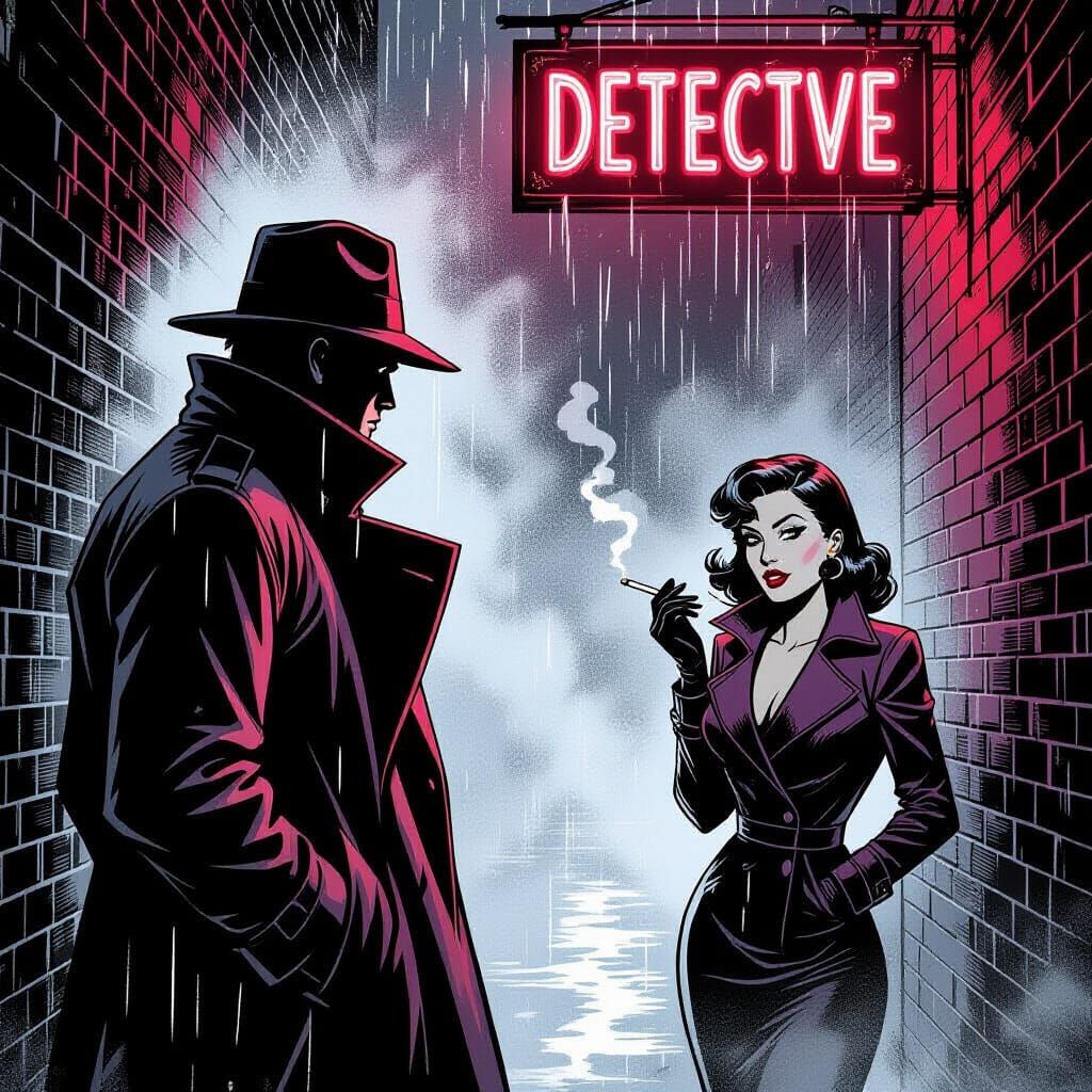 Noir Detective in Neon Alley Under Flickering Sign