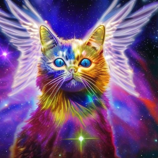 Iridescent Cat with Galaxy Wings in Space