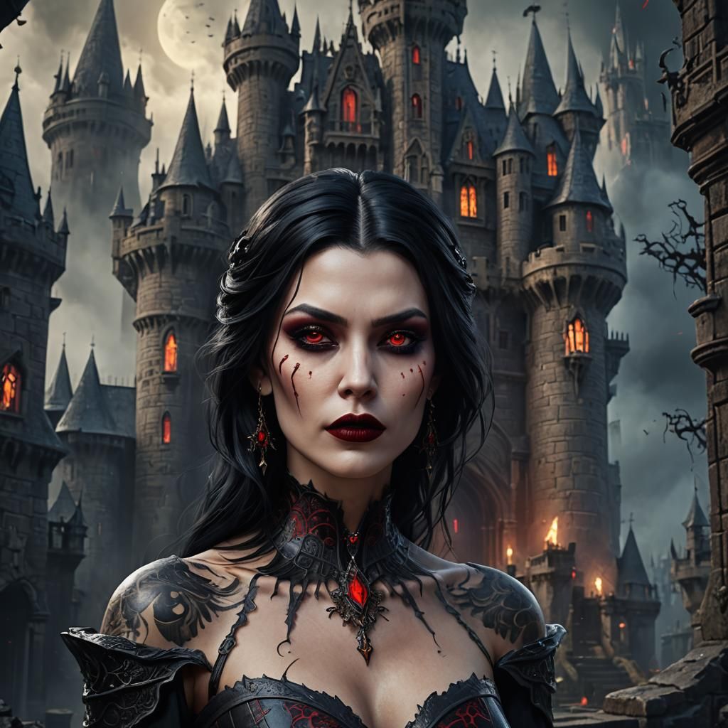 Vampire Queen with Tattoos in Dark Castle