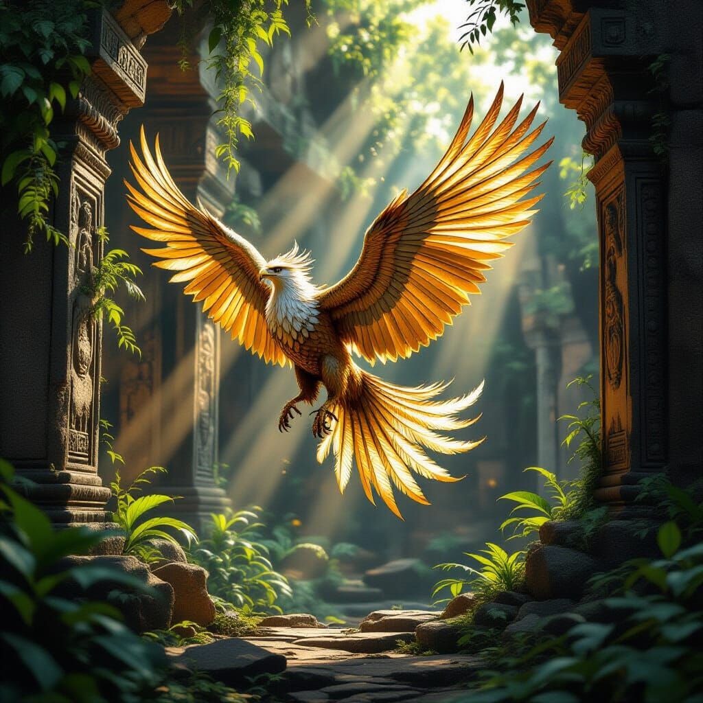 Golden Griffin Soars Through Forgotten Temple Ruins