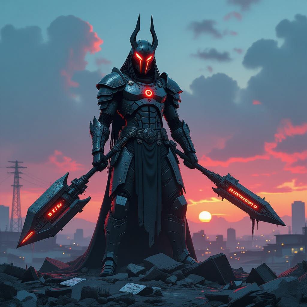 Cyberpunk Naga Warchief Triumphant in Dystopian Wasteland