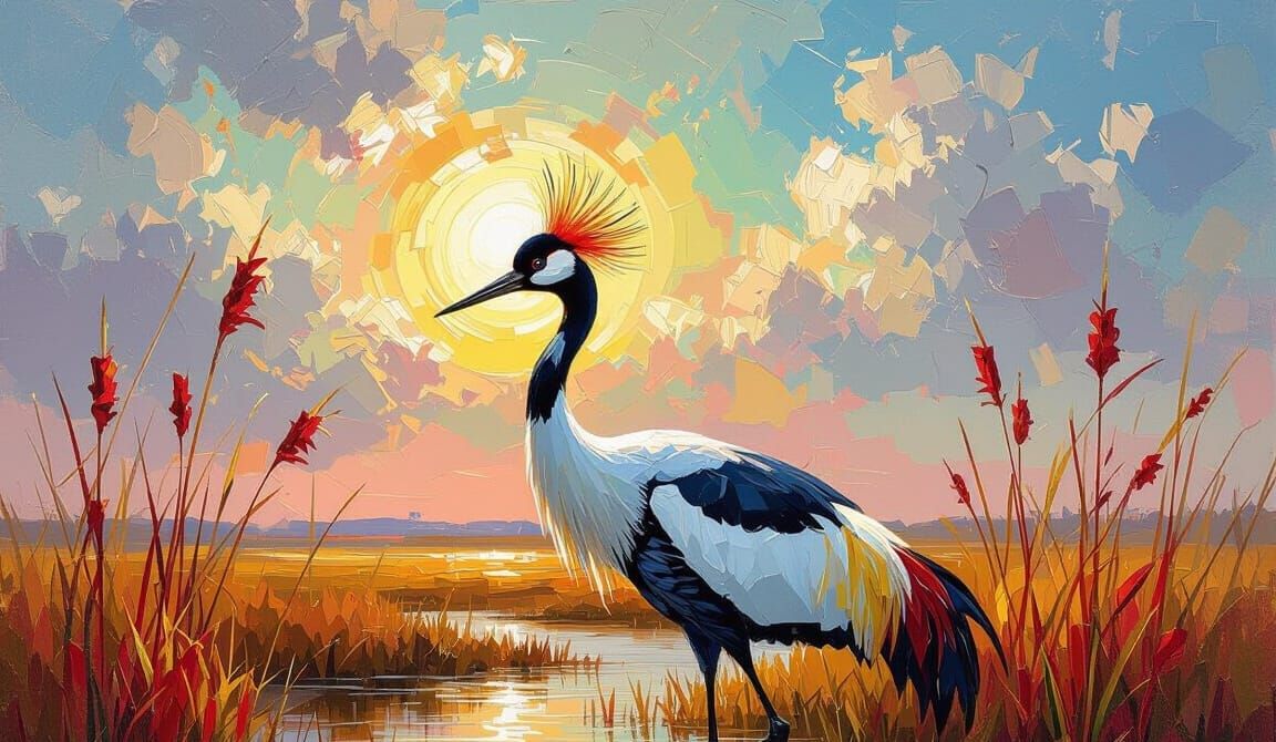 Majestic Crown Crane Wading Through Crimson Reeds Oil Painti...