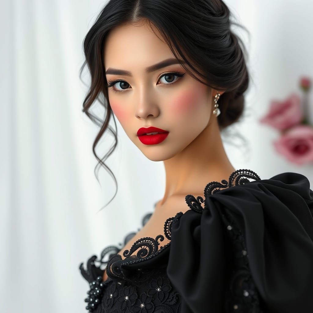 Elegant Young Woman in Exquisite Black Evening Gown