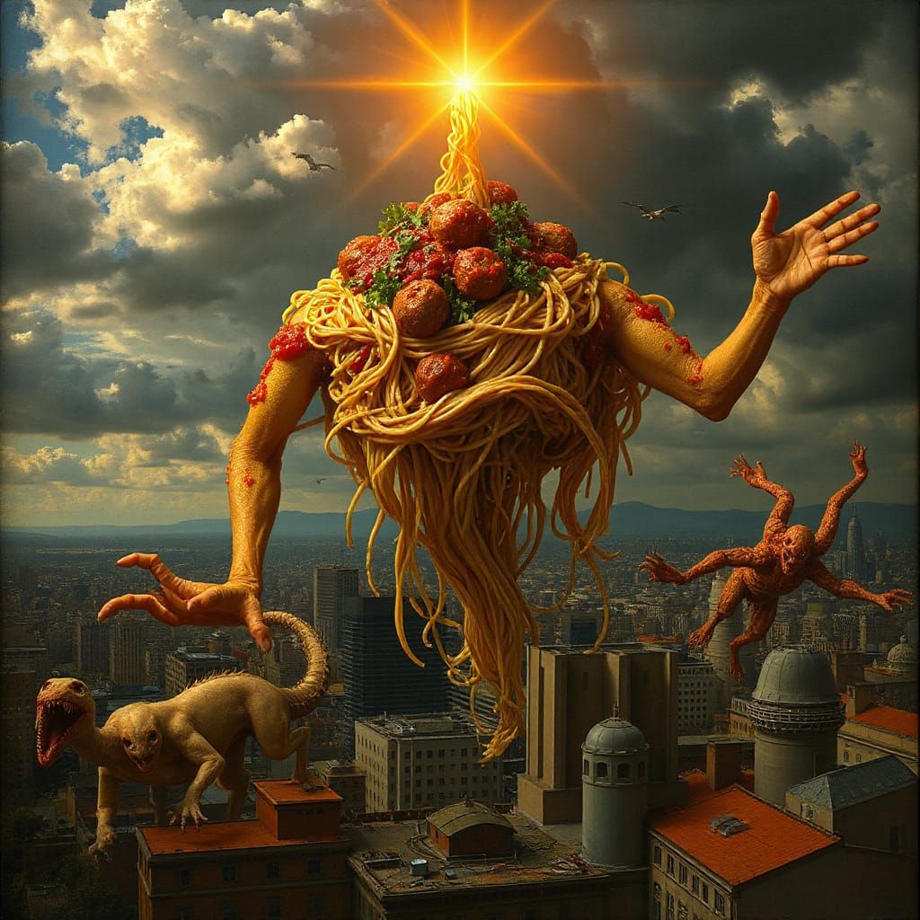 Flying Spaghetti Monster Battles Cthulhu Above City