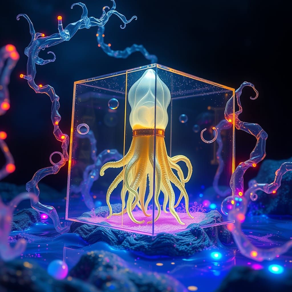 Surreal Deep Sea Squid in a Glowing Liquid Landscape