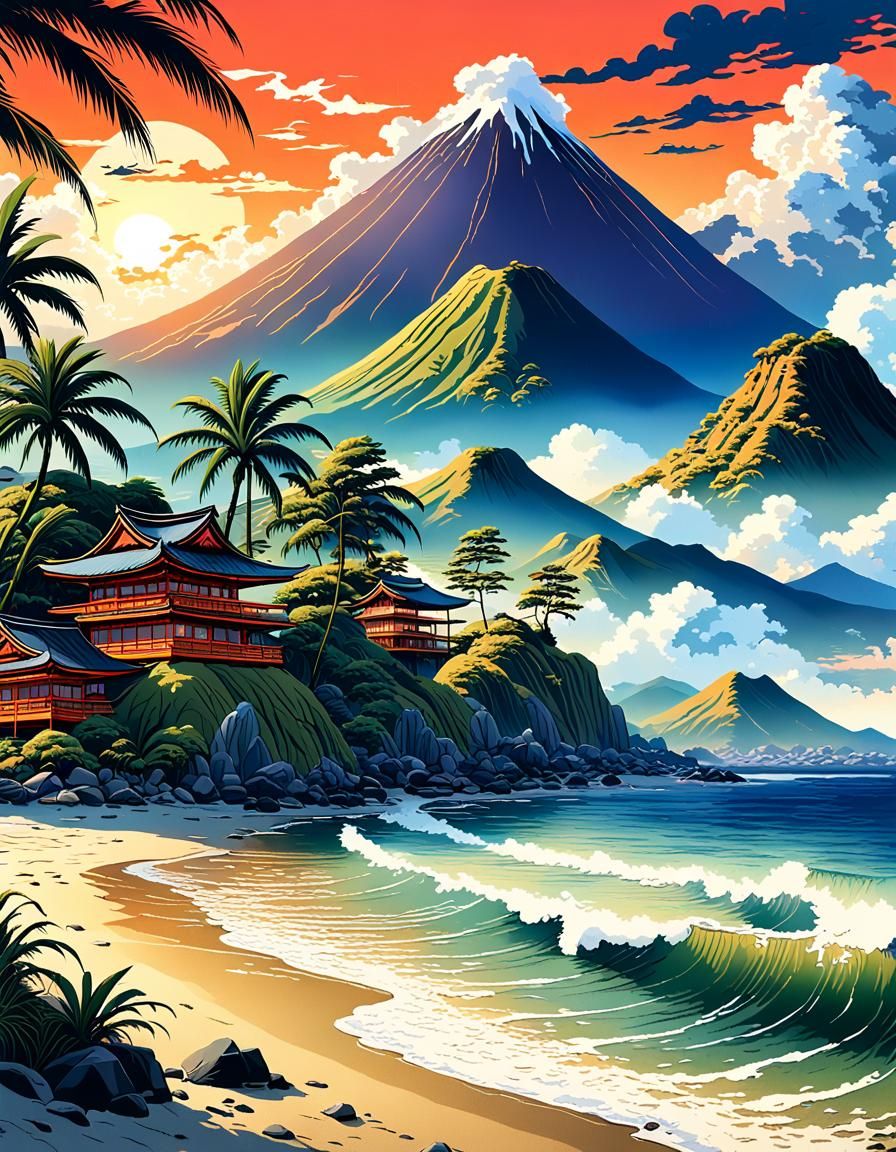 Tropical Island Sunset in Ukiyo-e Style