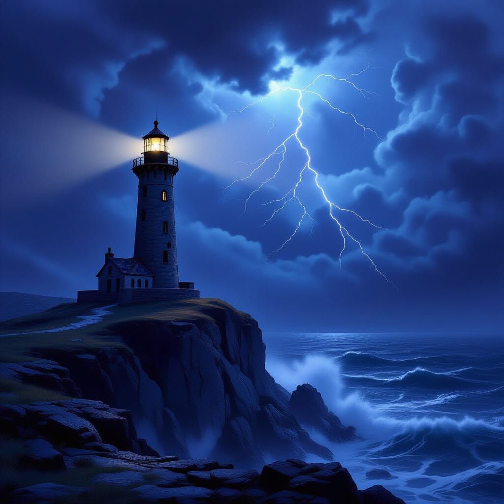 Ancient Lighthouse on Stormy Cliff - Dark Fantasy Art