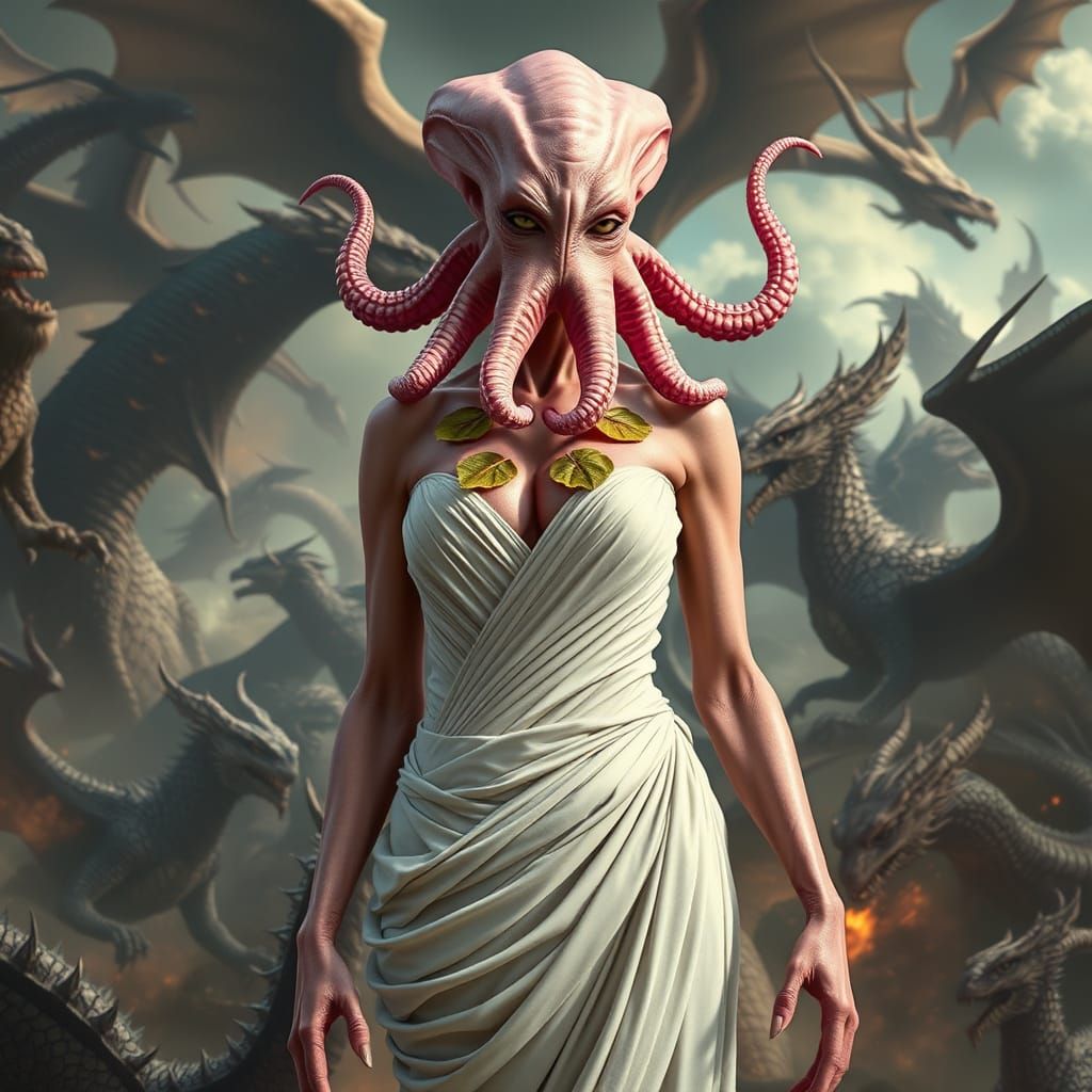 Photorealistic Alien Woman with Mythical Creatures