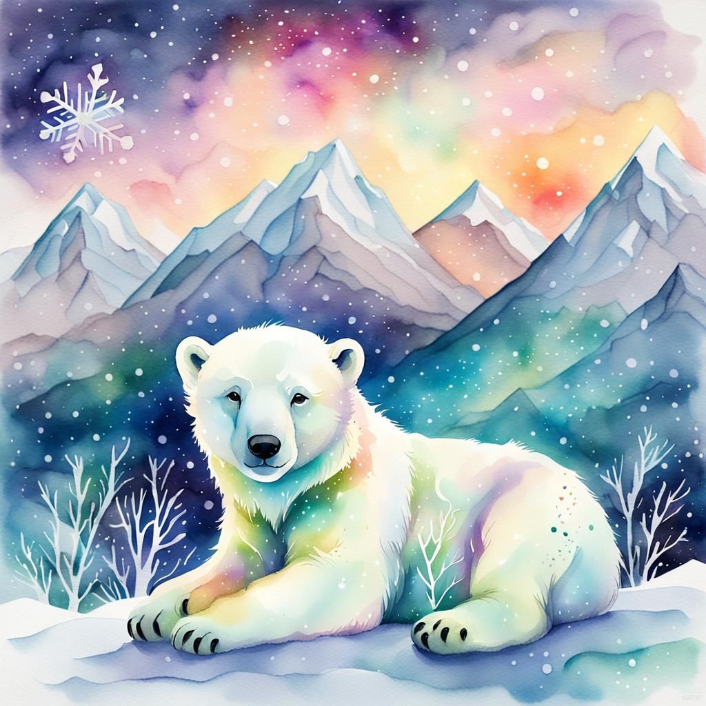 Northern Lights Polar Bear Cub Watercolor Illustration