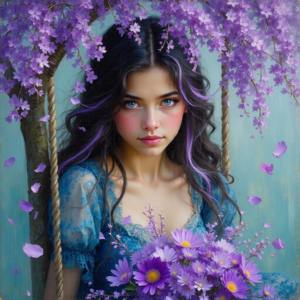 Girl on Swing with Flowers as Impasto Oil Painting