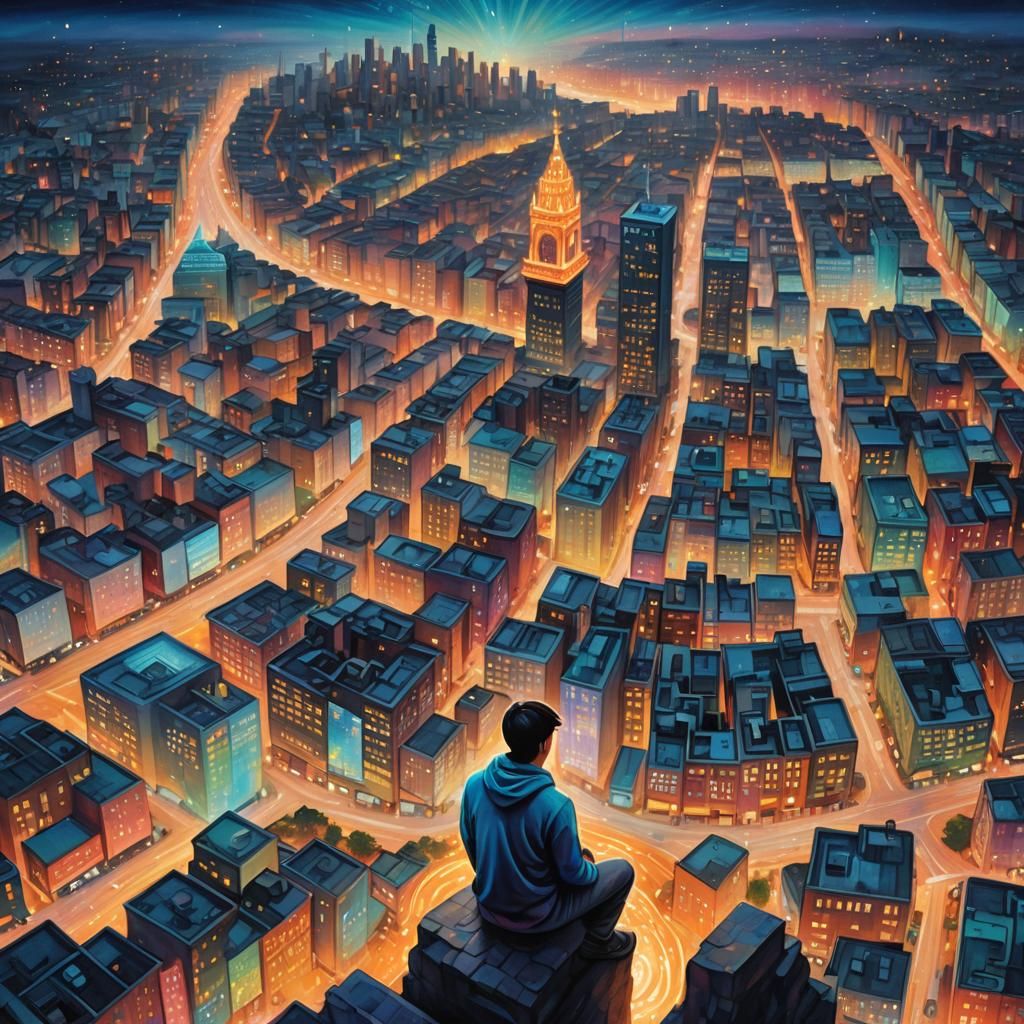 Contemplative Figure in Cityscape as Magical Realism