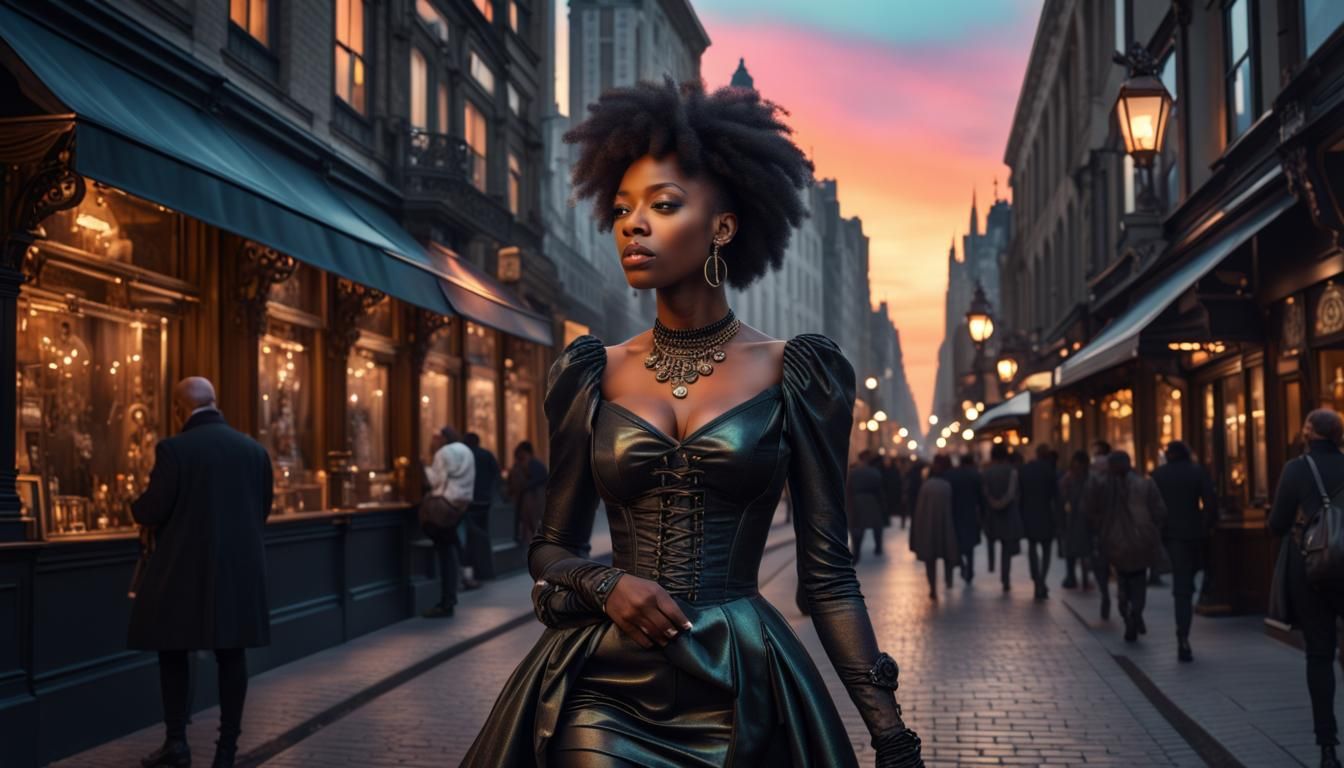 Elegant Woman in Gothic Steampunk Cityscape