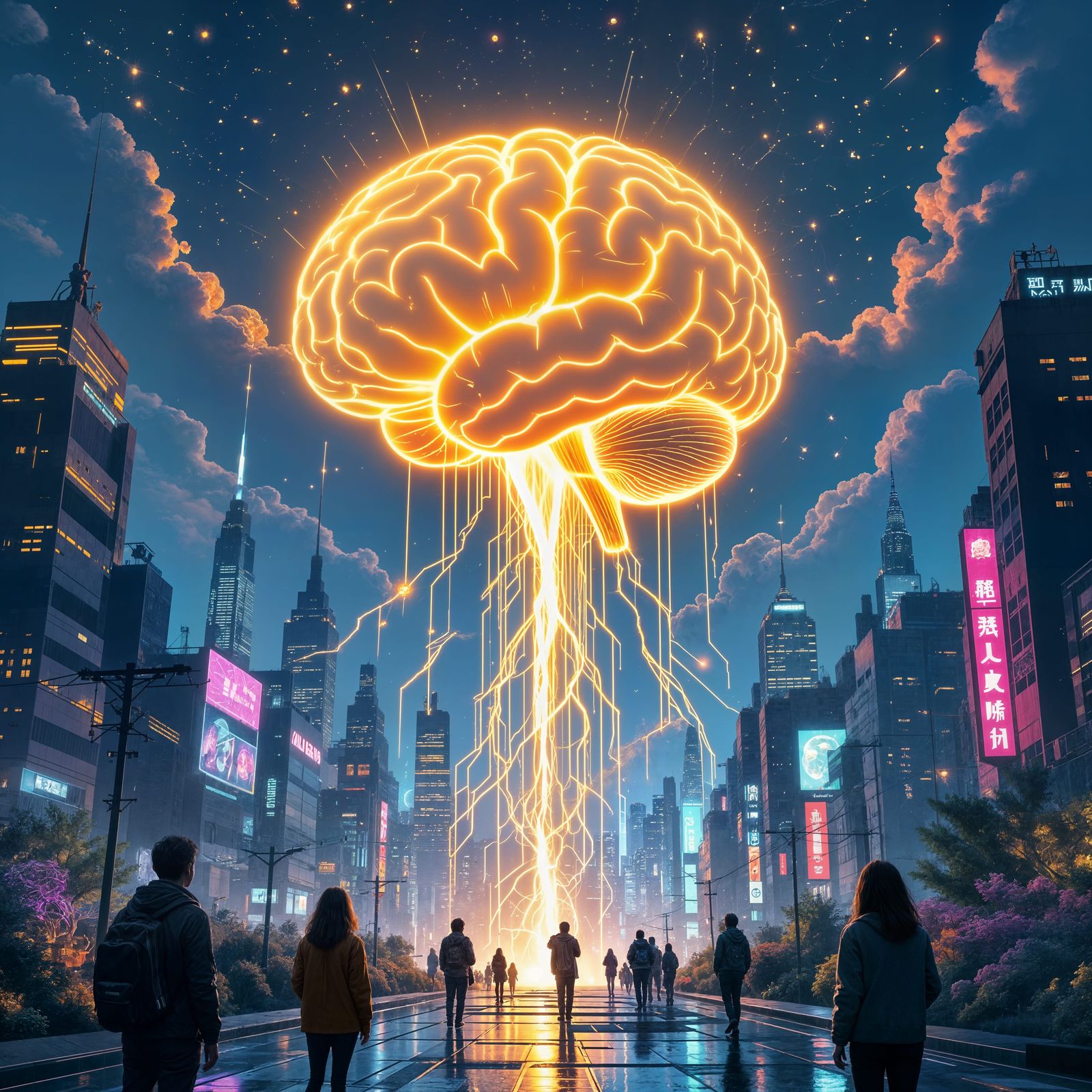 Glowing Brain Above Futuristic Cityscape