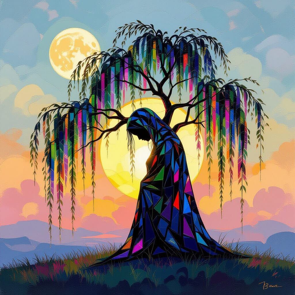 A Sad Woman in Front of a Weeping Willow