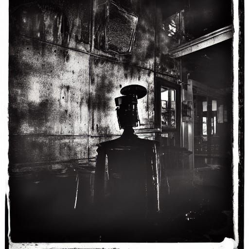 Goth Fashion Model in Decaying Coffee Shop, Amidst Explosion...