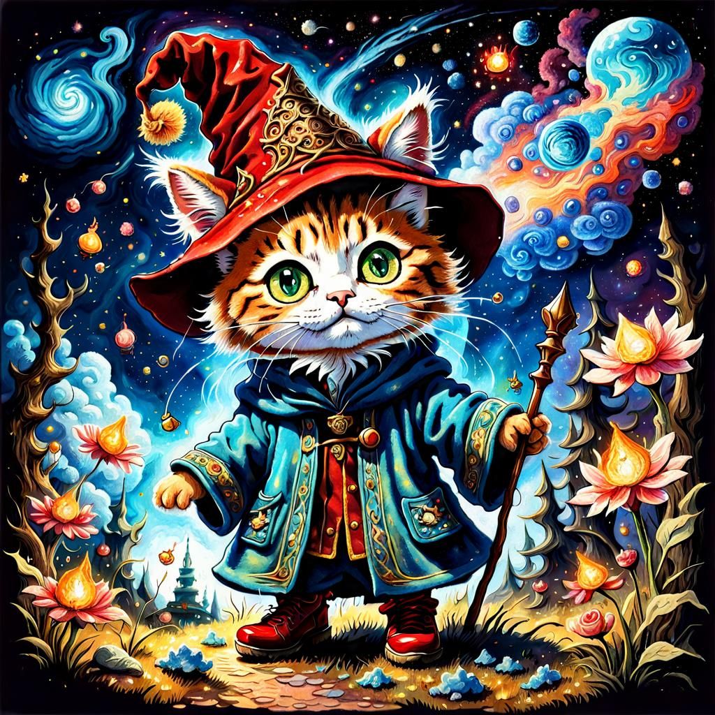 Chibi Kitty Wizard in Magical Nebula