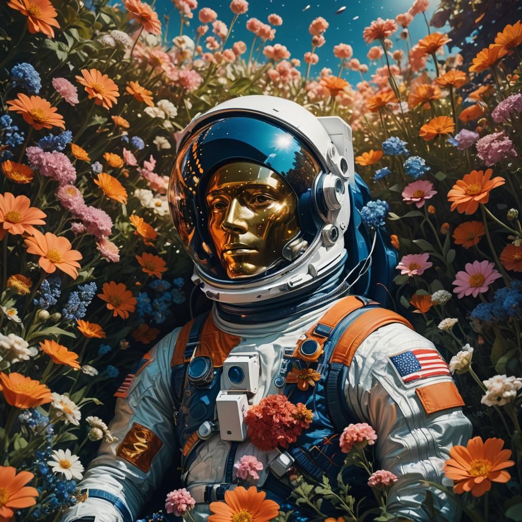 Astronaut in Flower Garden Reflecting Universe