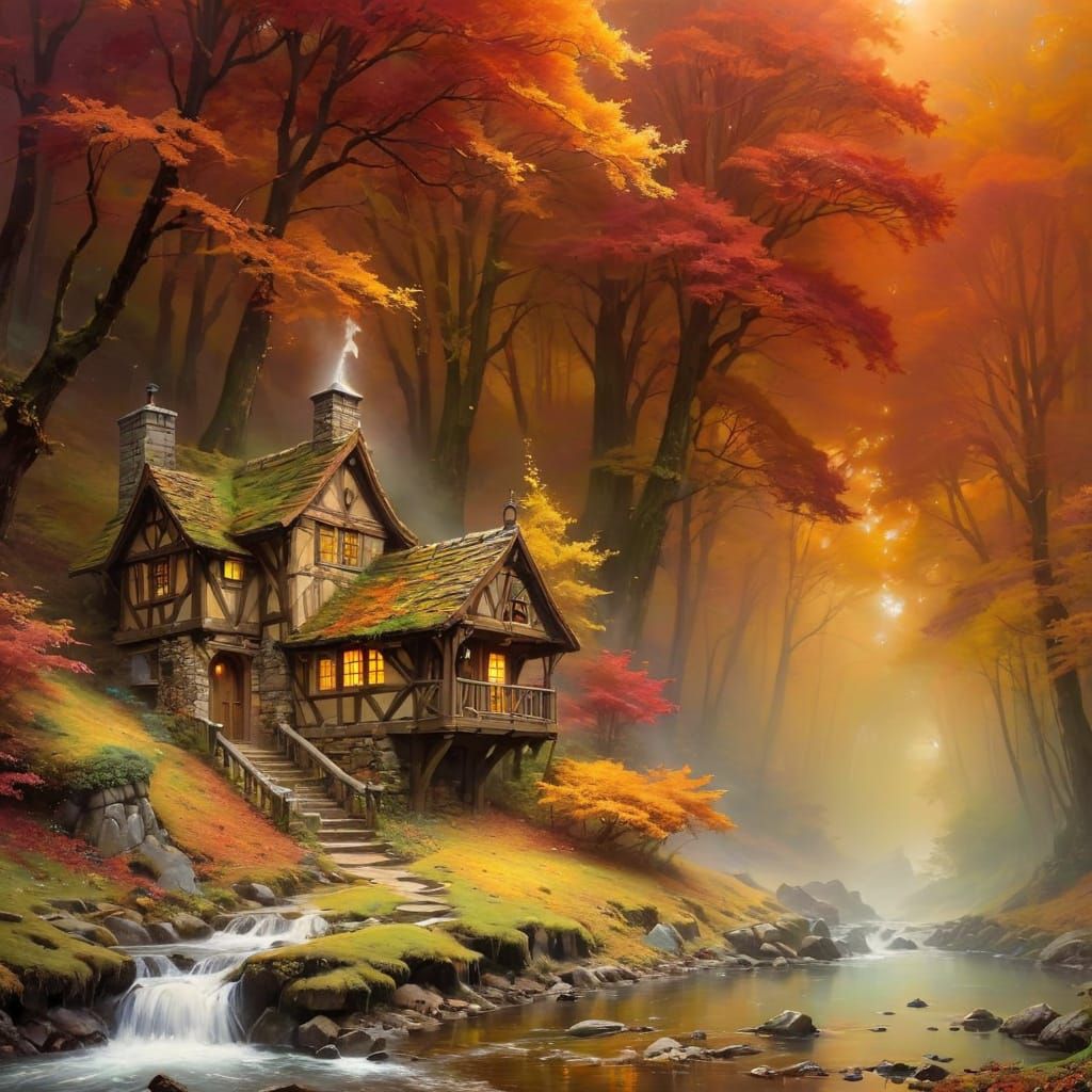 Ethereal Autumn Cabin in Whispers of Golden Fog