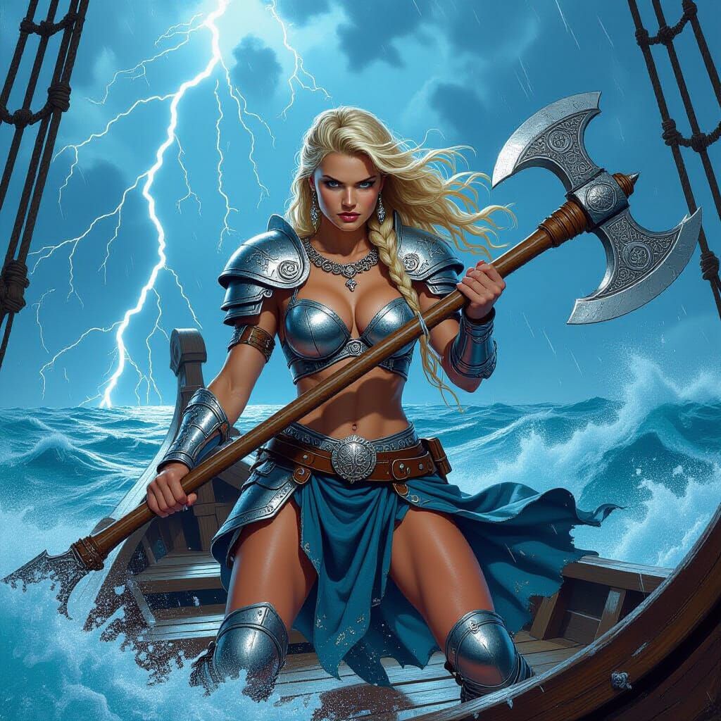 Viking Goddess on Stormy Seas: Fantasy Art
