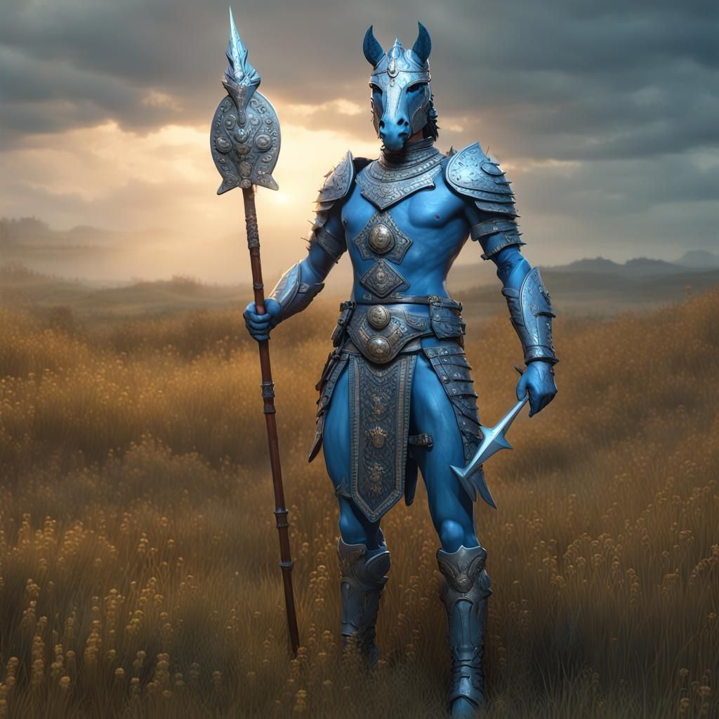 Horse-Headed Warrior in Grassland: Dark Fantasy Art