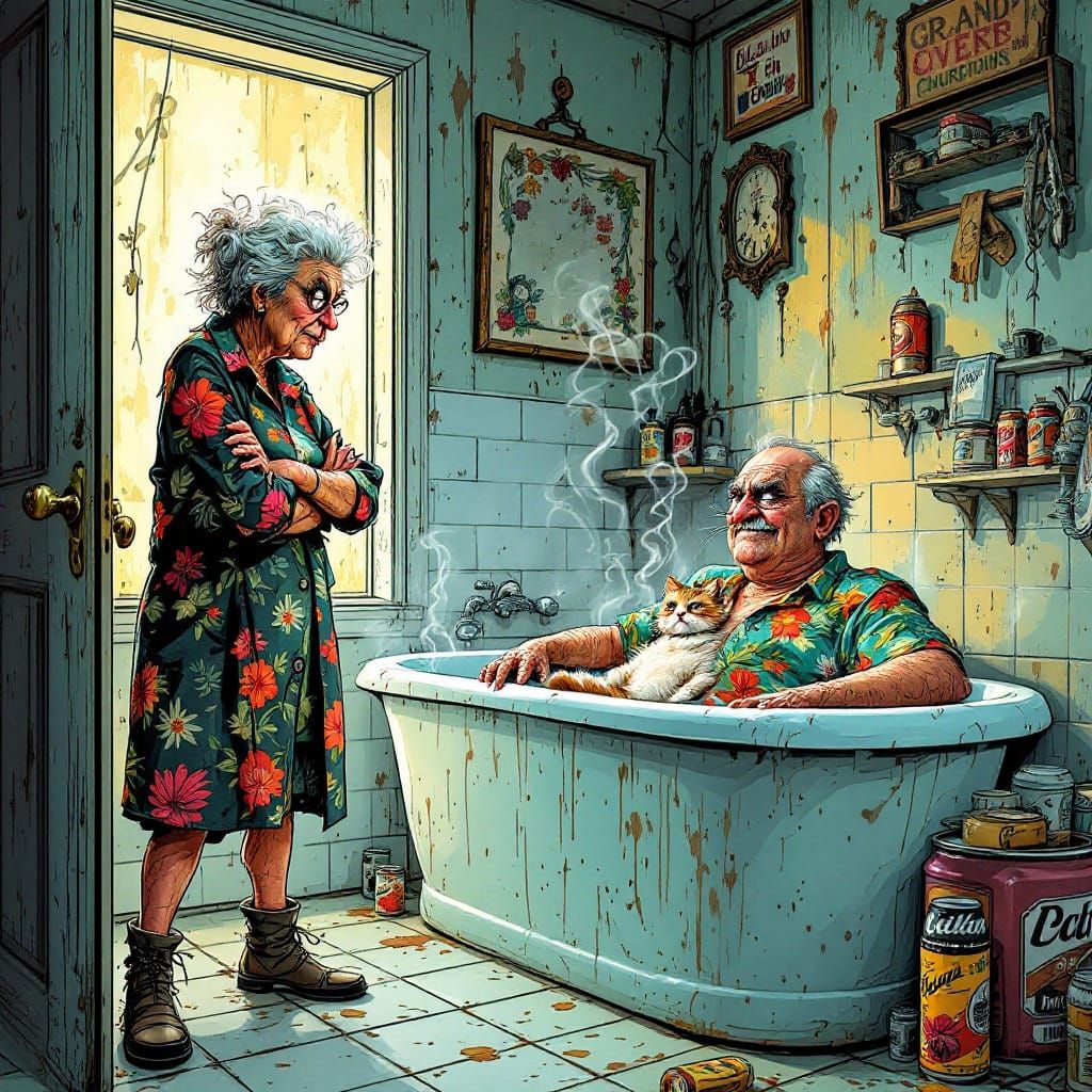 Disheveled Grandma Scowls at Smoky Bathroom Shenanigans