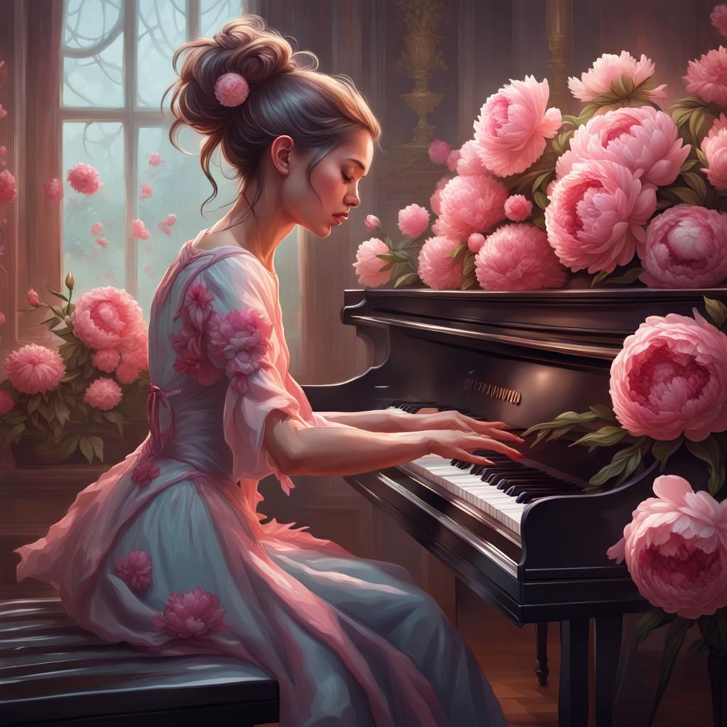 Passionate Girl Playing Piano with Peonies