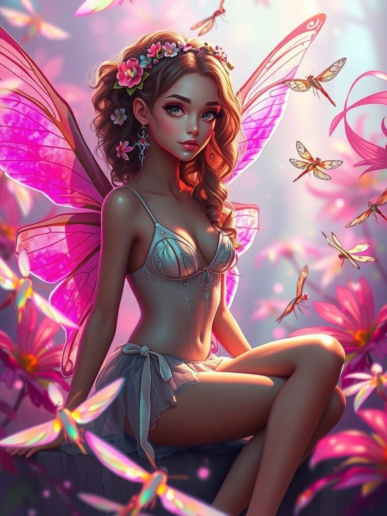 "A slender, winged fairy with a poised, athletic yet delicat...
