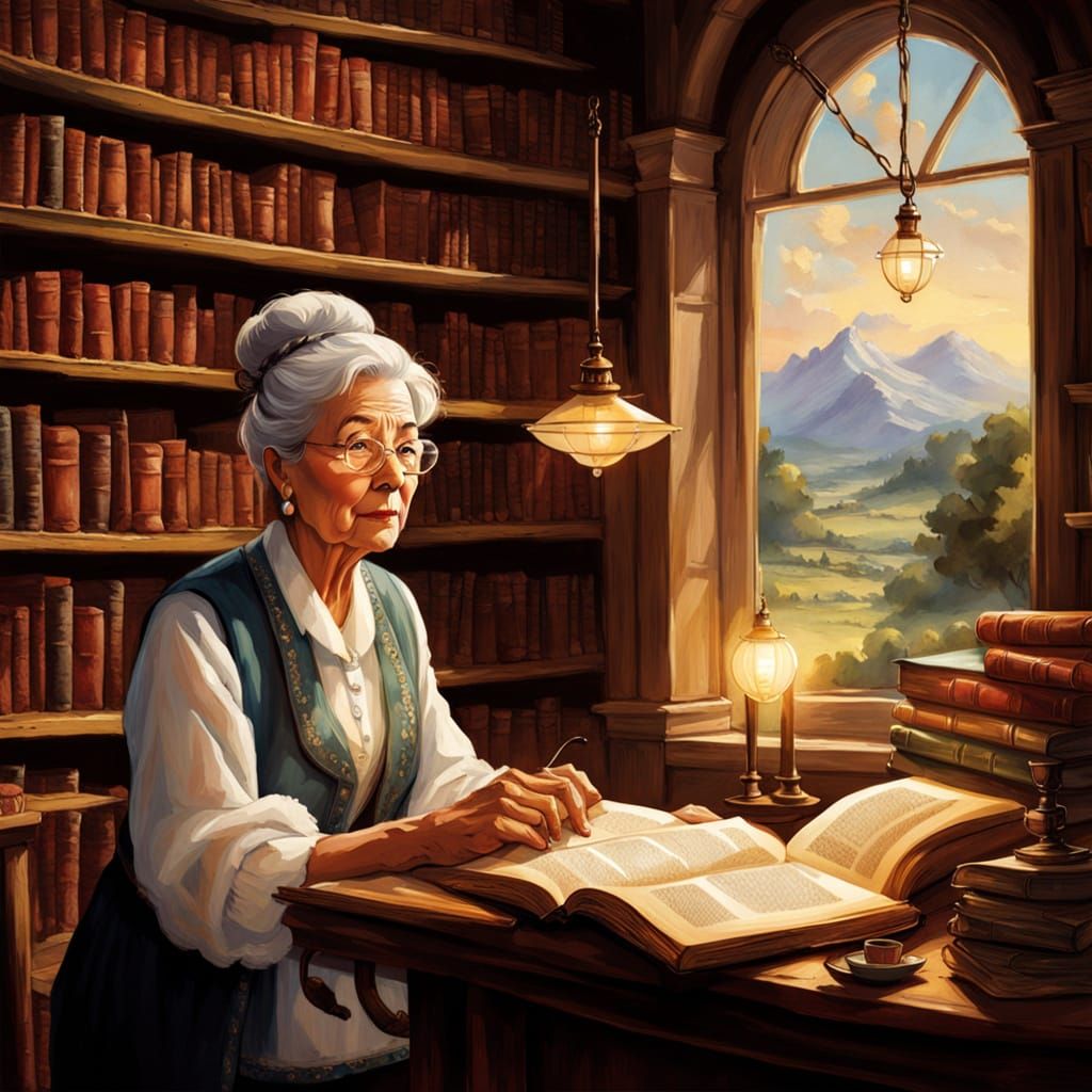 Elderly Librarian Reminds Patrons to Whisper in a Cozy Water...