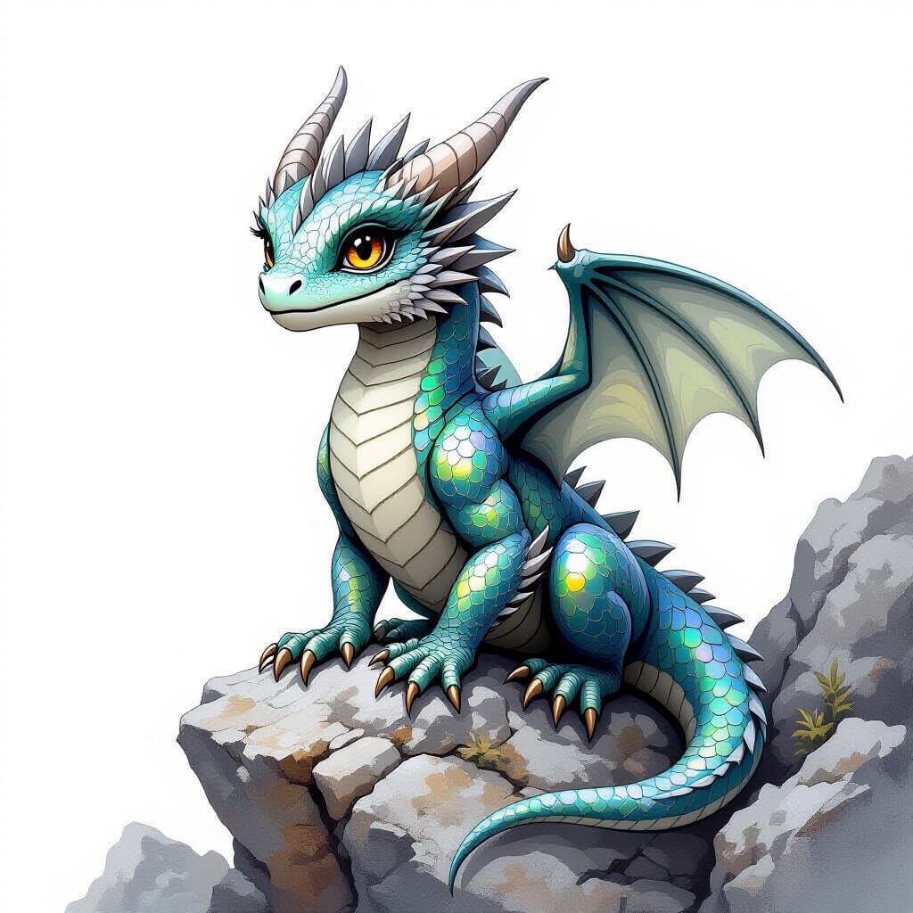 Miniature Iridescent Dragon on Rock, Grayscale Art