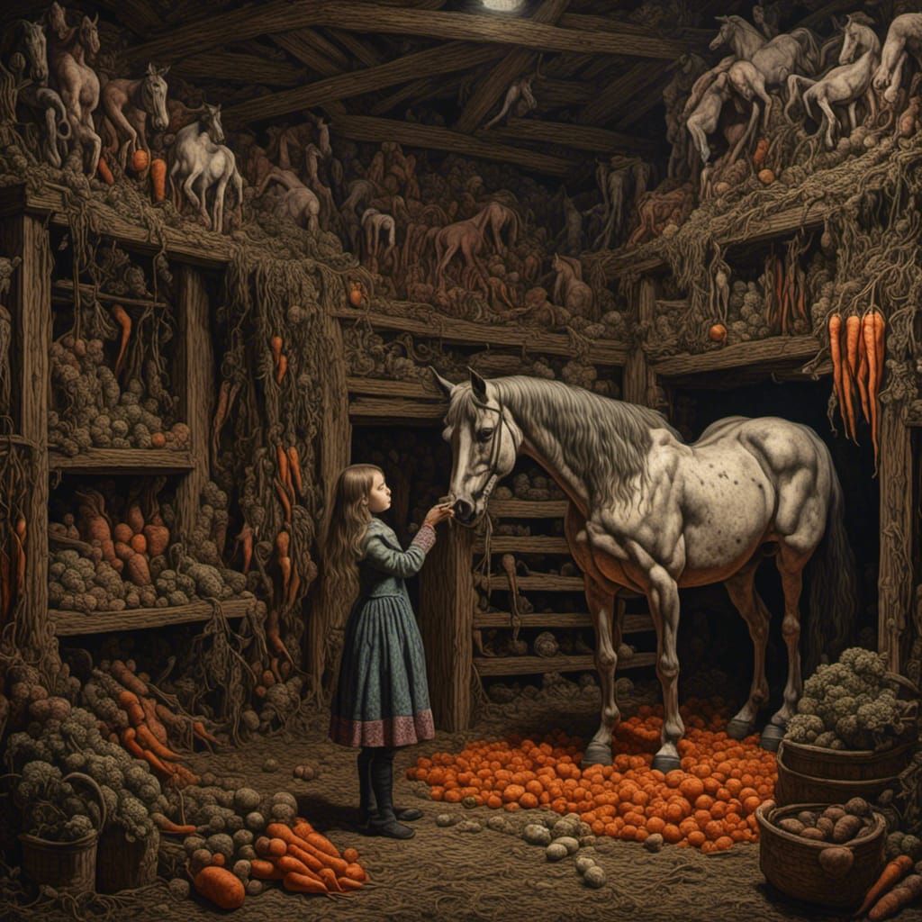Girl Feeds Horse Carrot in Psychedelic Barn
