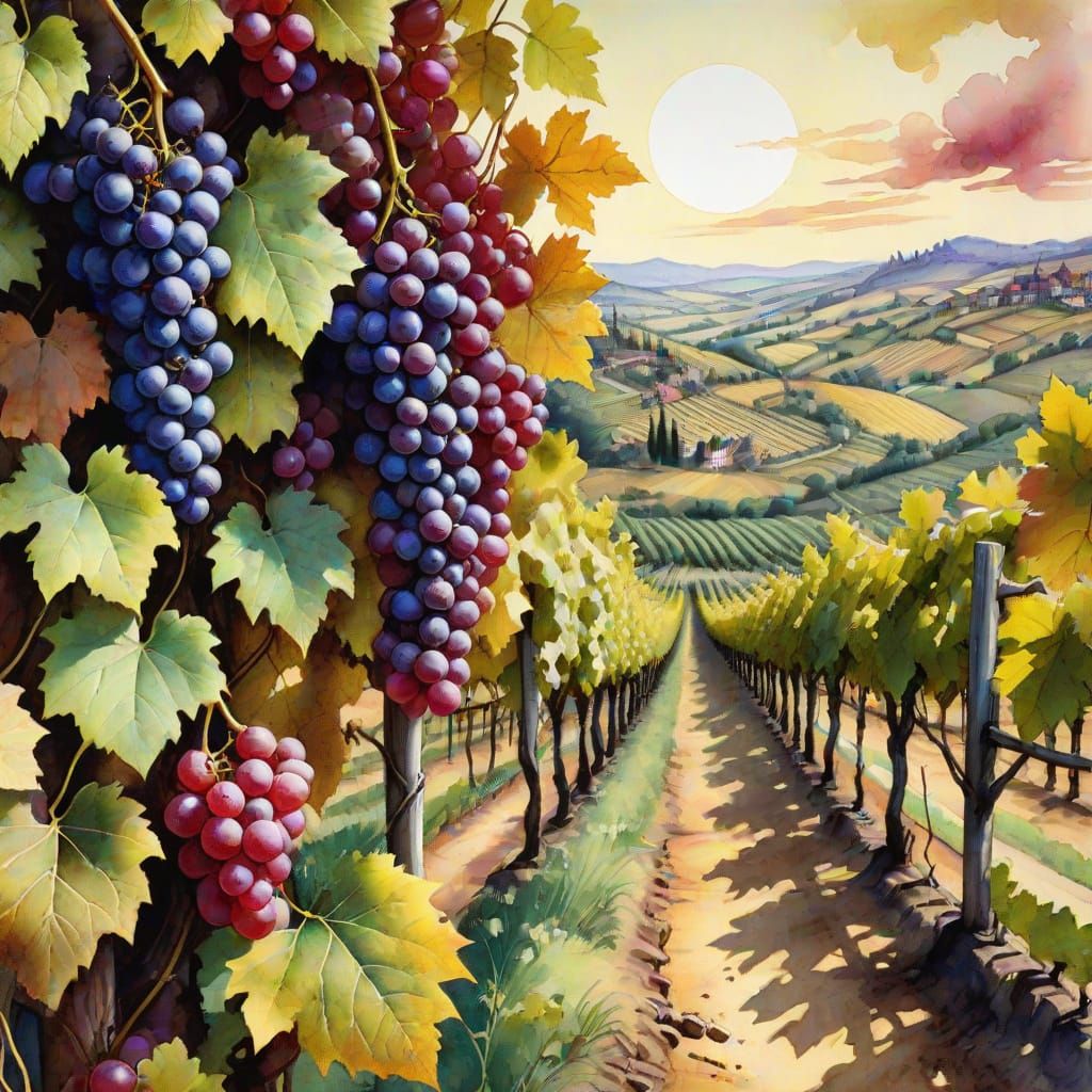 Vibrant Vineyards in Watercolor and Ink Style