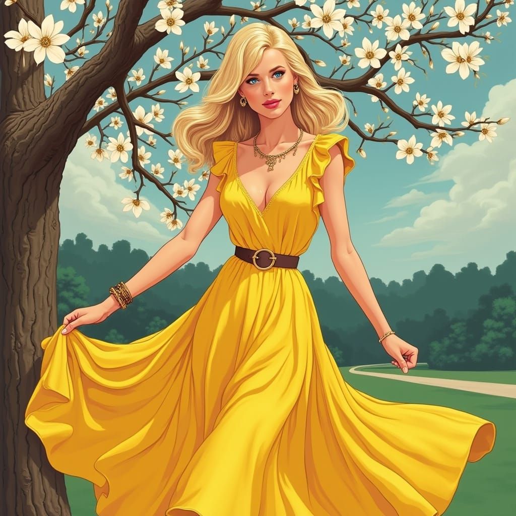 Southern Belle in Yellow Dress, Hyperrealistic Pop Art