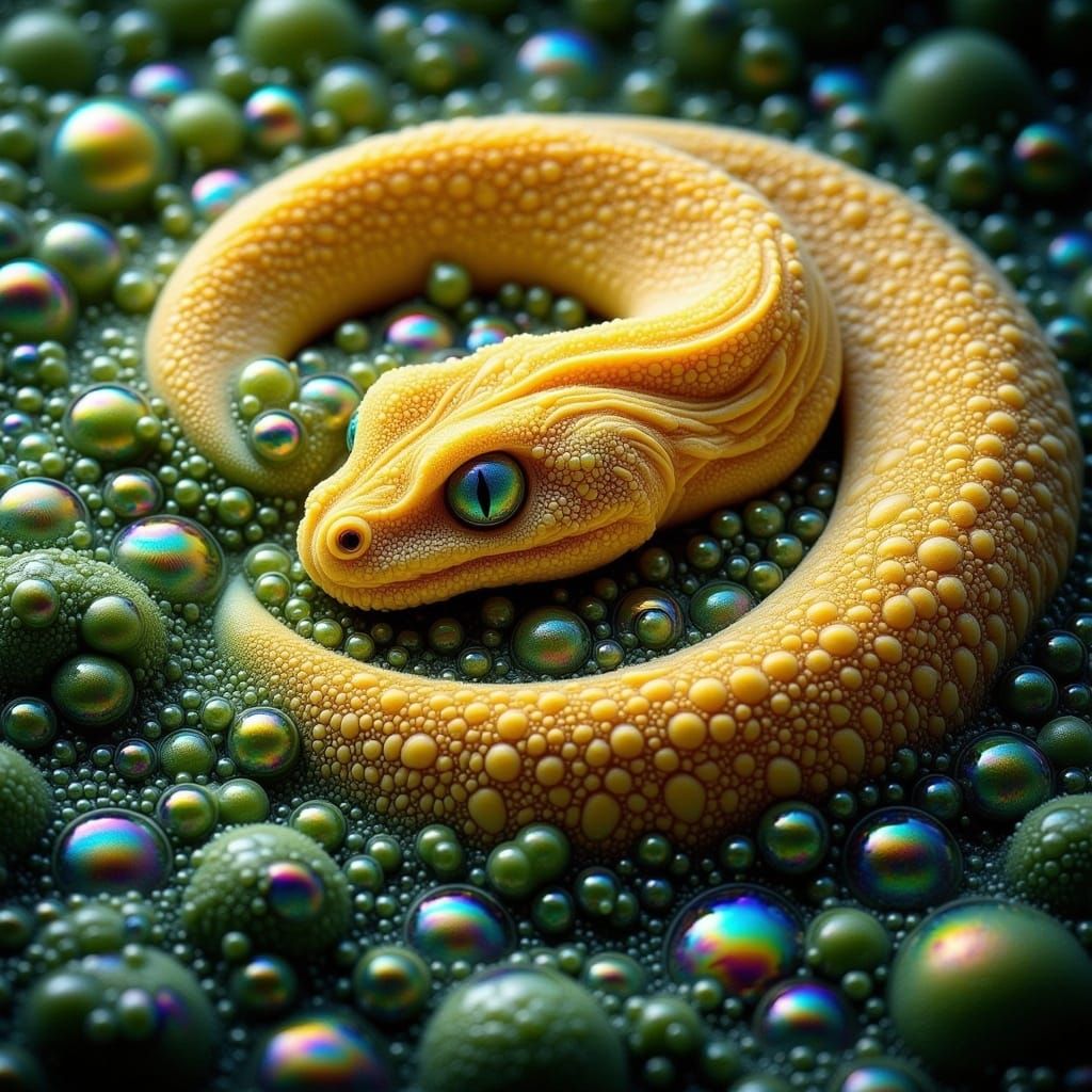 Iridescent Bubbly Snake on Green Leaves