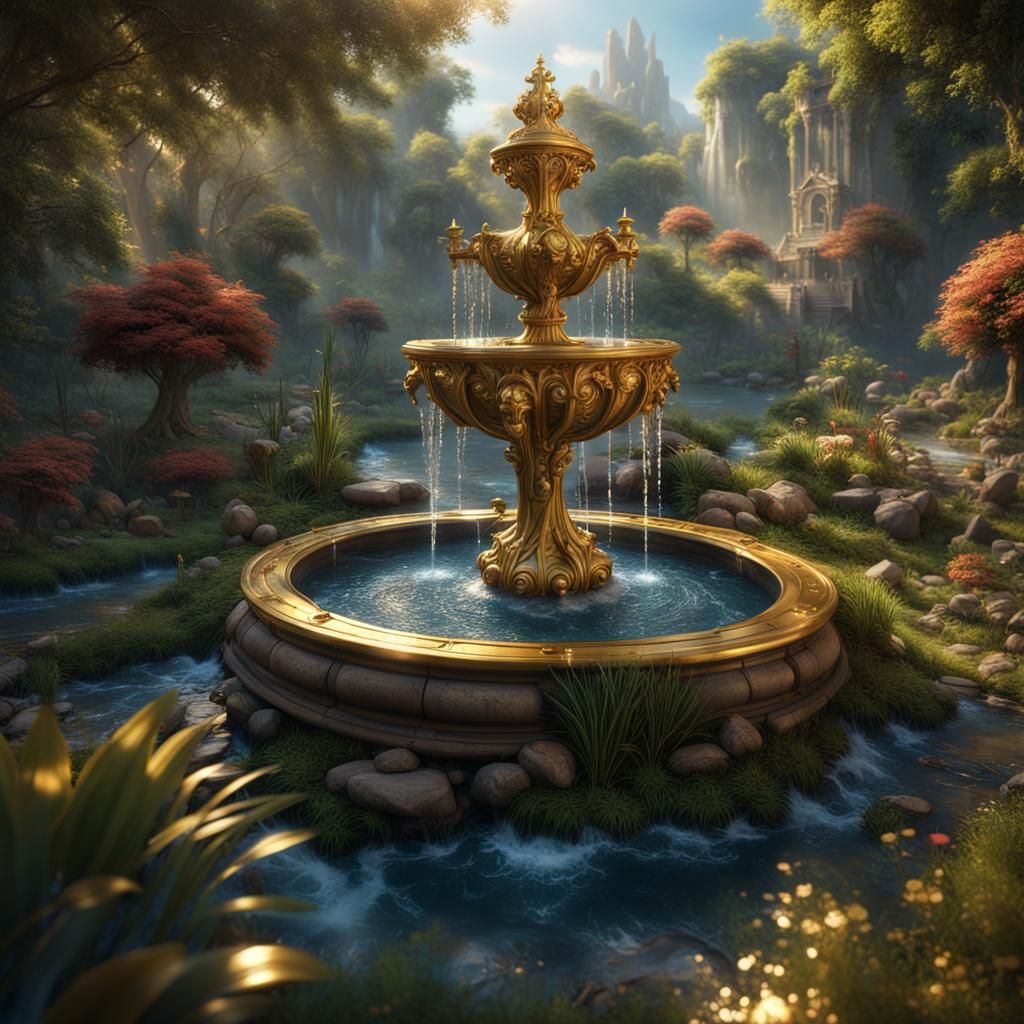 Golden Fountain in Fairy Garden: Detailed Matte Painting