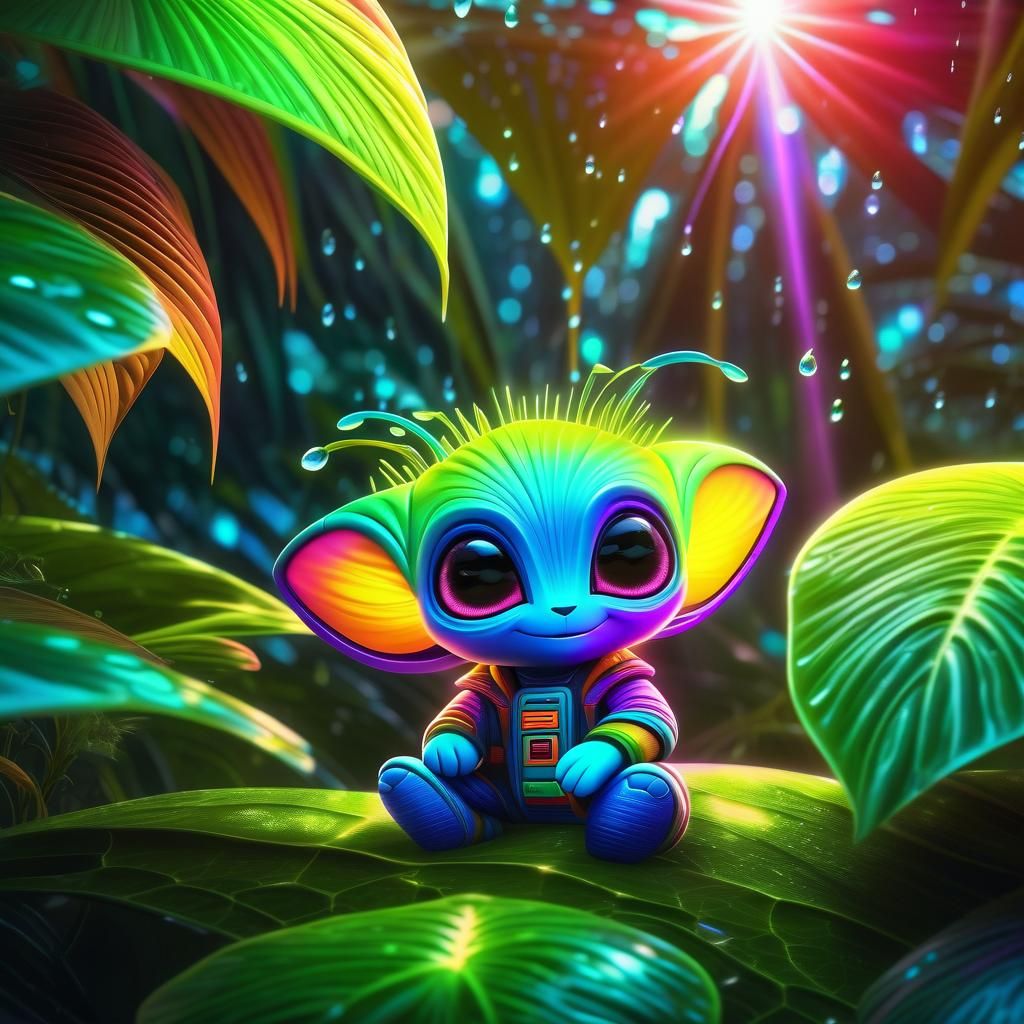 Cute Alien Under Leaf in Sci-Fi Airbrush Art