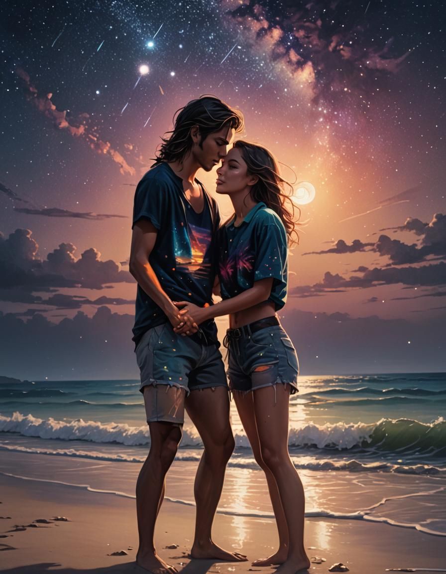 Romantic Beach Embrace at Night: Hyperrealistic Splash Art