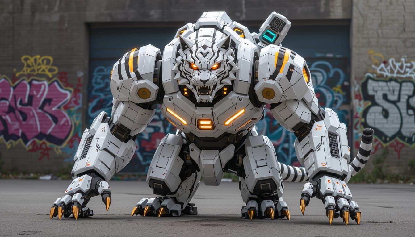 Tiger Mecha with Glowing Stripes in Sci-Fi Style