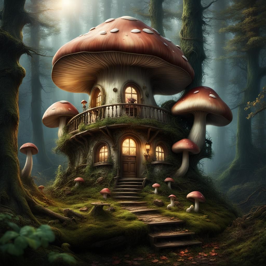 Mushroom House with Fairy in Magical Forest